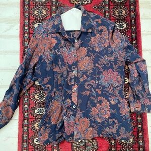 100% Silk Floral Paisley Print Button-Up Vintage Shirt Size M